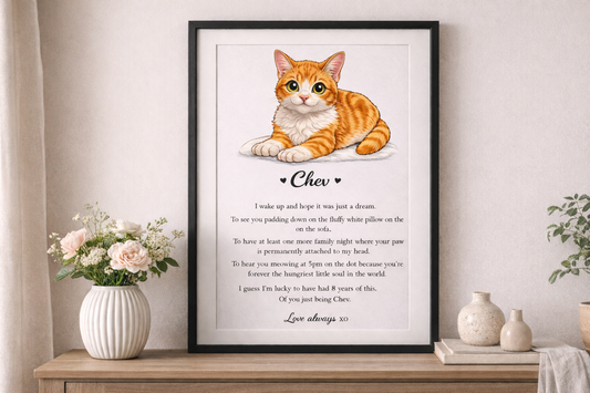Custom digital cat portrait from photo with sentimental words by Chev & Co