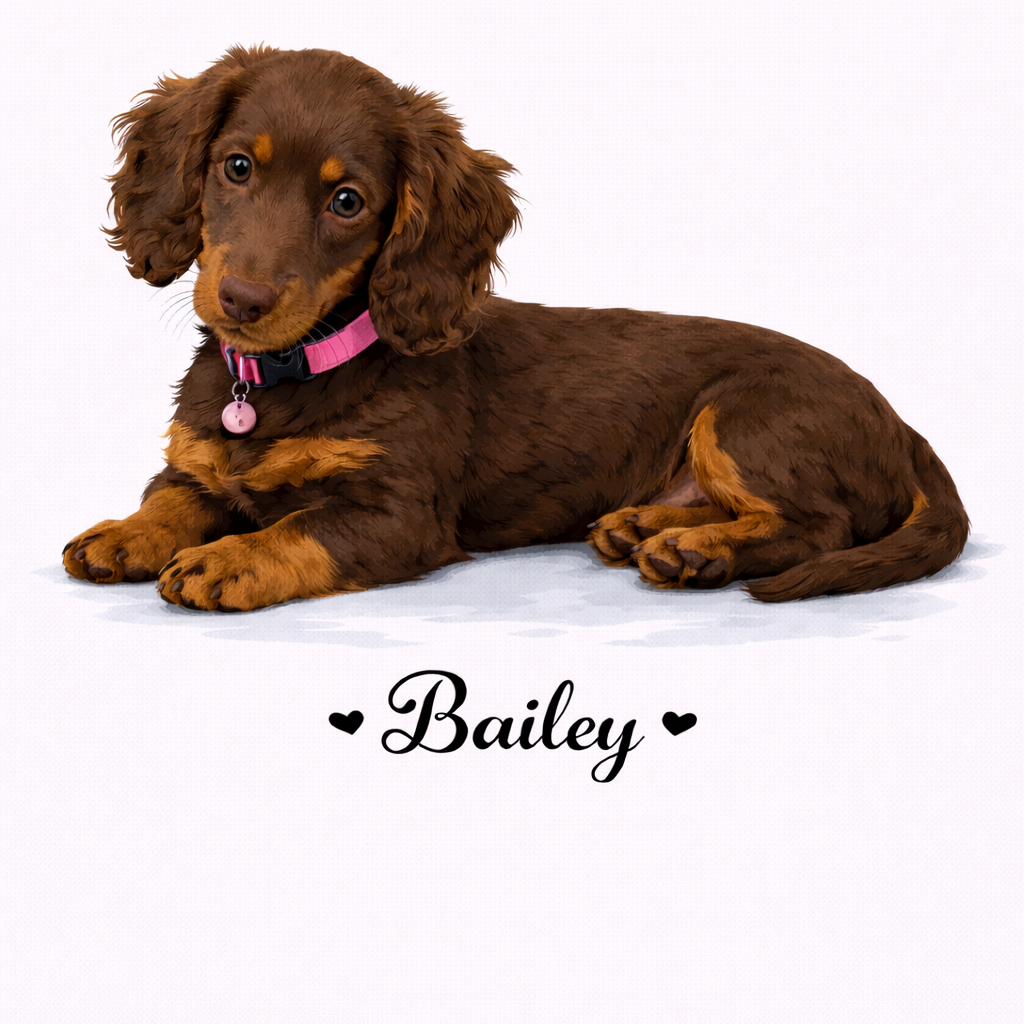 Brown dachshund lying on a white background with 'Bailey' written below.
